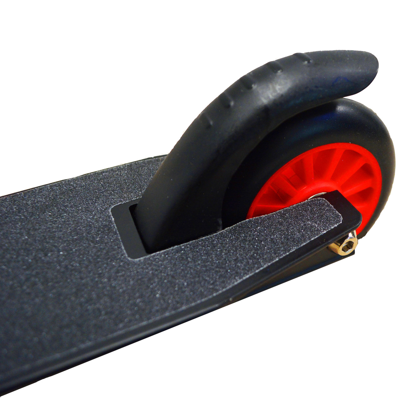 Трюковой самокат с металлическим хомутом и ножным тормозом с пластиковыми дисками черный с красными вставками - фото 4 - id-p89608635