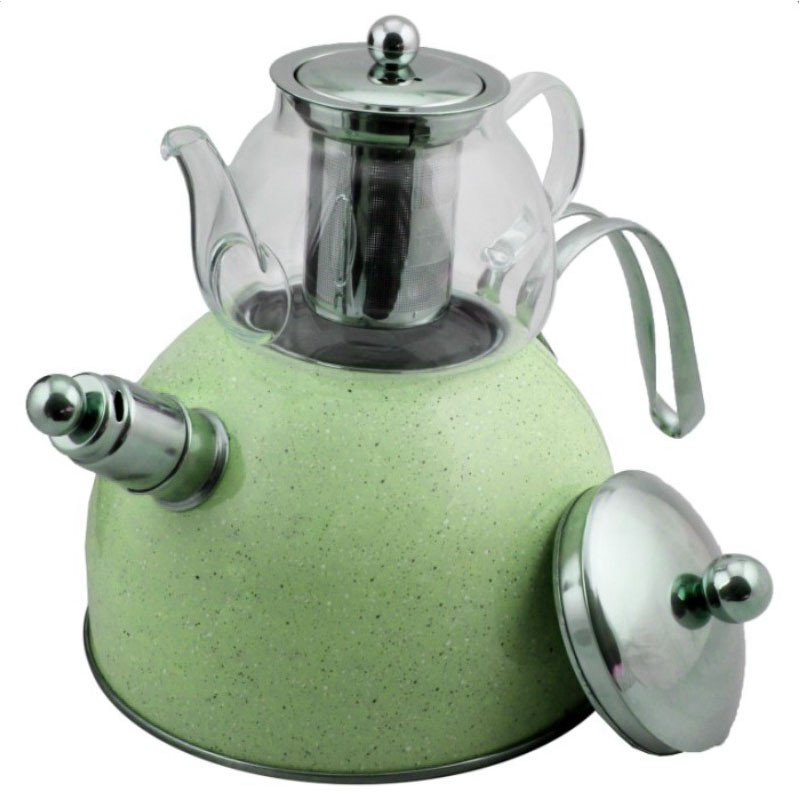 Чайник со свистком из нержавеющей стали 3 л с термостойким заварником 600 мл 2 в 1 Haus roland зеленый