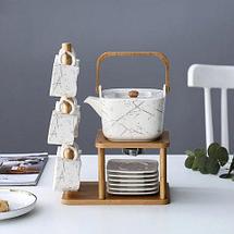 Чайный набор из искусственного мрамора Lefard Fantasy на бамбуковой подставке с греющей свечой (Белое золото), фото 3