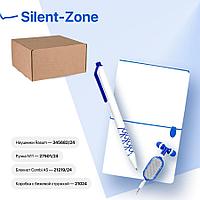 Набор подарочный SILENT-ZONE: бизнес-блокнот, ручка, наушники, коробка, стружка, бело-синий