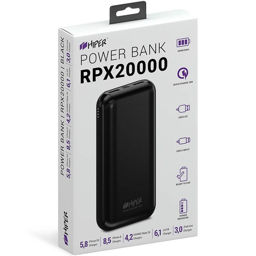 Универсальный аккумулятор RPX20000, QC3.0, PD, TYPE C, емкость 20000 мАч, черный - фото 3 - id-p89717324