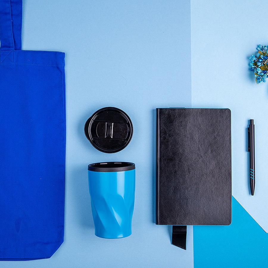 Набор подарочный VIBES4HIM: бизнес-блокнот, ручка, термокружка, сумка, черно-голубой - фото 1 - id-p89716642