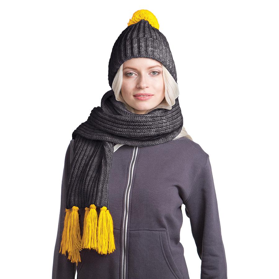Вязаный комплект шарф и шапка "GoSnow", антрацит c фурнитурой, желтый, 70% акрил,30% шерсть - фото 1 - id-p89711105