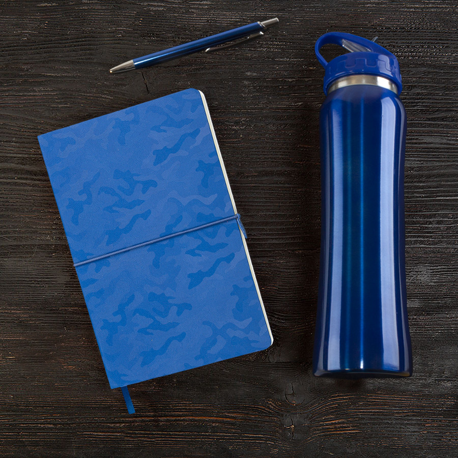 Набор подарочный SUNSHINE: бутылка для воды, бизнес-блокнот, ручка, коробка со стружкой, синий - фото 1 - id-p89719079