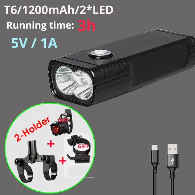 Велосипедная фара 450 LM, 2 светодиода T6LED + аккум. 1200 mA/H 5v. Время работы 3 часа.