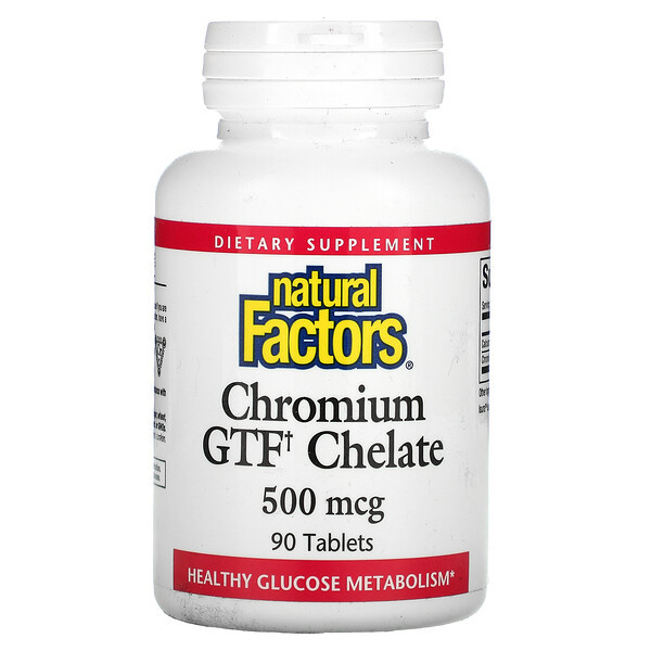 Natural Factors, хелат хрома с фактором толерантности к глюкозе (GTF), 500 мкг, 90 таблеток