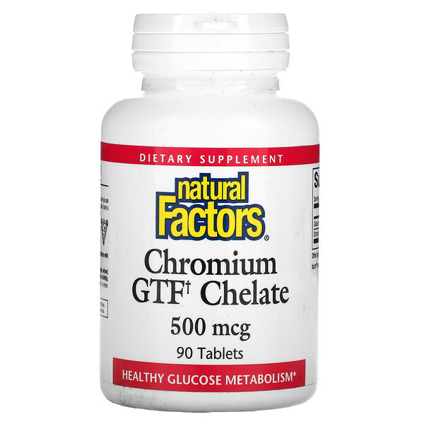 Пищевая добавка Natural Factors, хелат хрома с фактором толерантности к глюкозе (GTF), 500 мкг, 90 таблеток