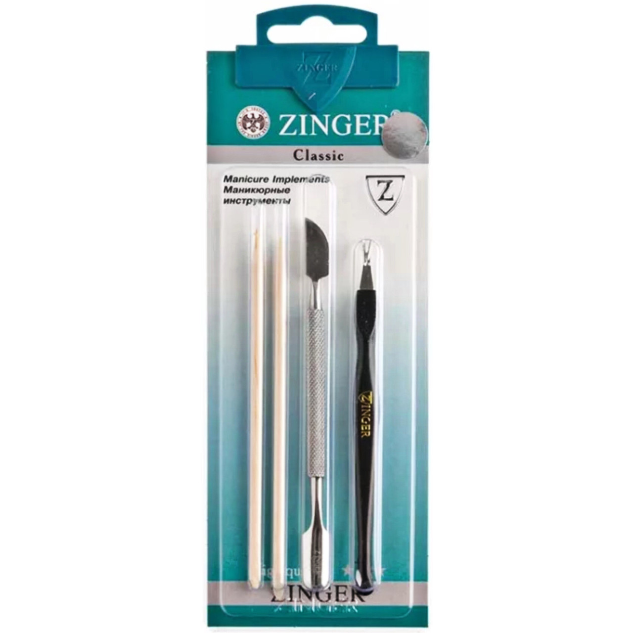 Набор маникюрных инструментов Zinger из 4 предметов (пушер, триммер, шабер, палочки)