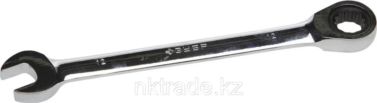 ЗУБР 12 мм, Cr-V сталь, хромированный, гаечный ключ комбинированный трещоточный 27074-12 Профессионал