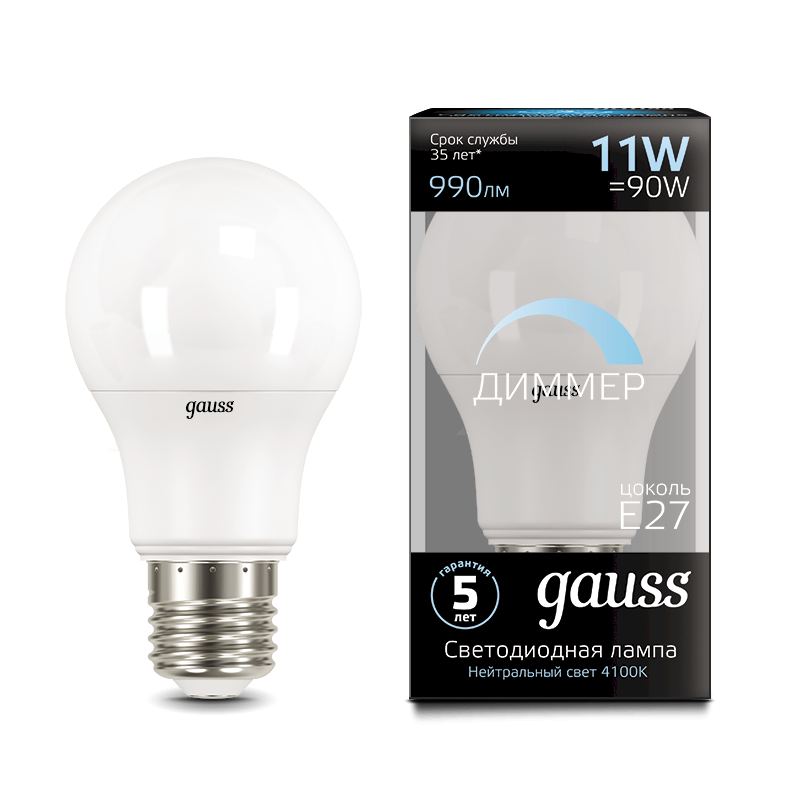 Лампа Gauss A60 11W 990lm 4100К E27 диммируемая LED