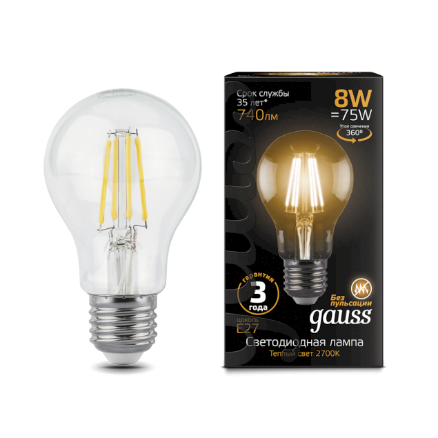 Лампа Gauss Filament А60 8W 740lm 2700К Е27 LED - фото 1 - id-p89968644