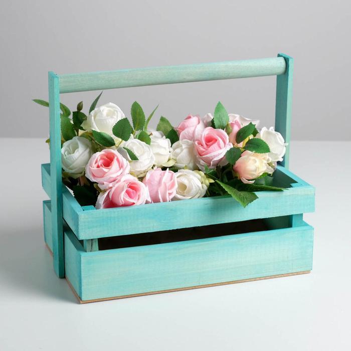 Ящик из массива сосны с ручкой 30 × 21 × 12 см, бирюзовый