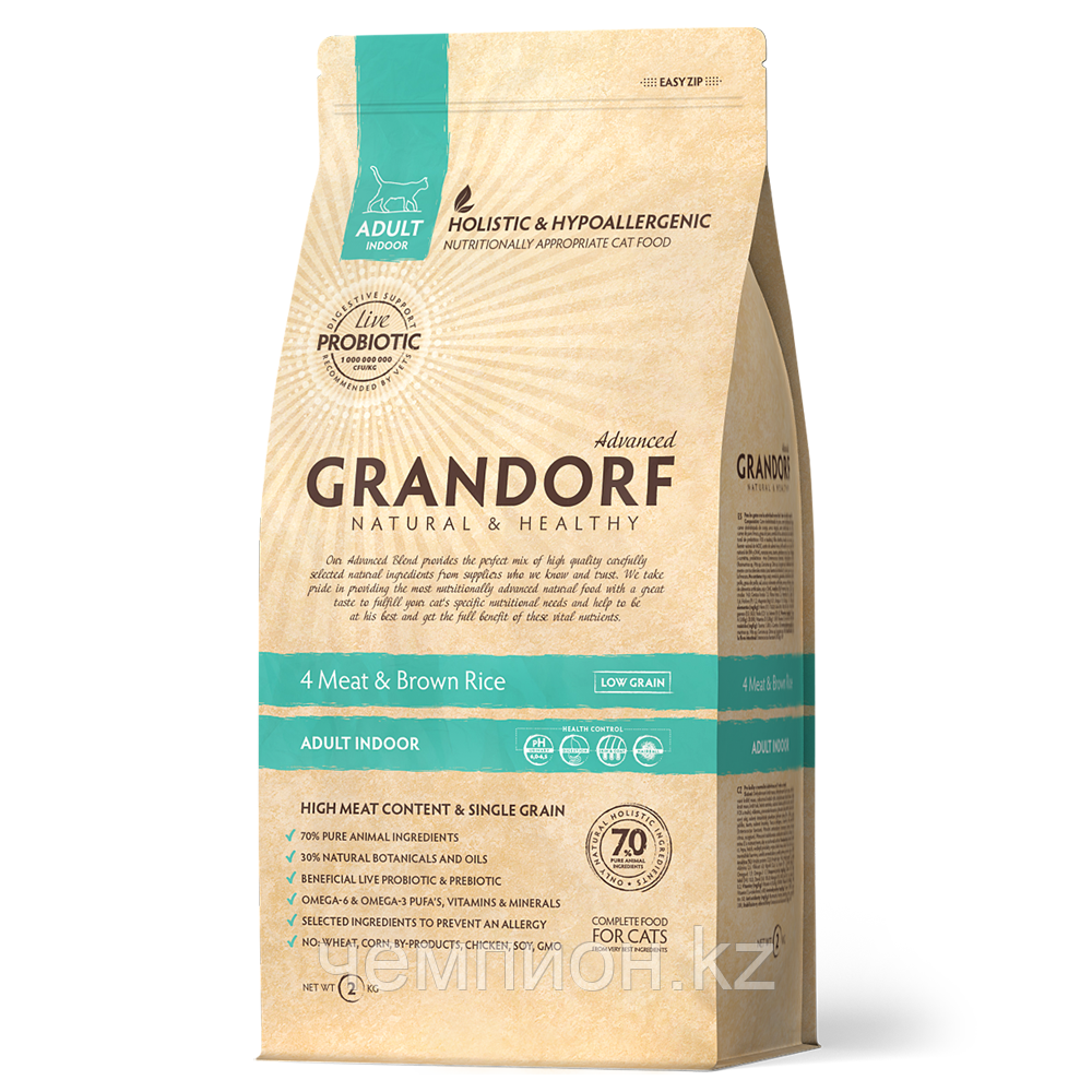 89040 GRANDORF Indoor 4 Meat, Грандорф сухой корм для кошек, мясное ассорти с бурым рисом, уп.400гр.