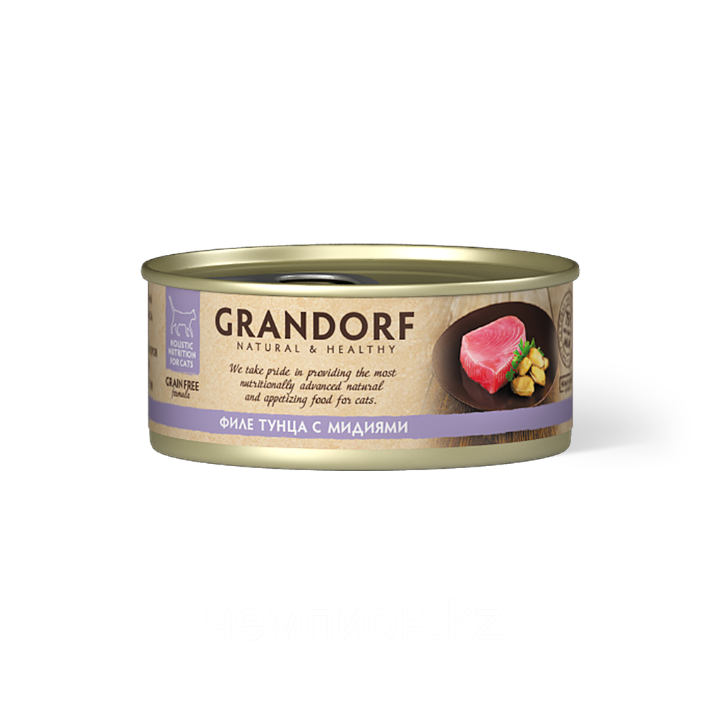 12581 GRANDORF, Филе тунца с мидиями, влажный корм для кошек всех возрастов, баночка 70гр.