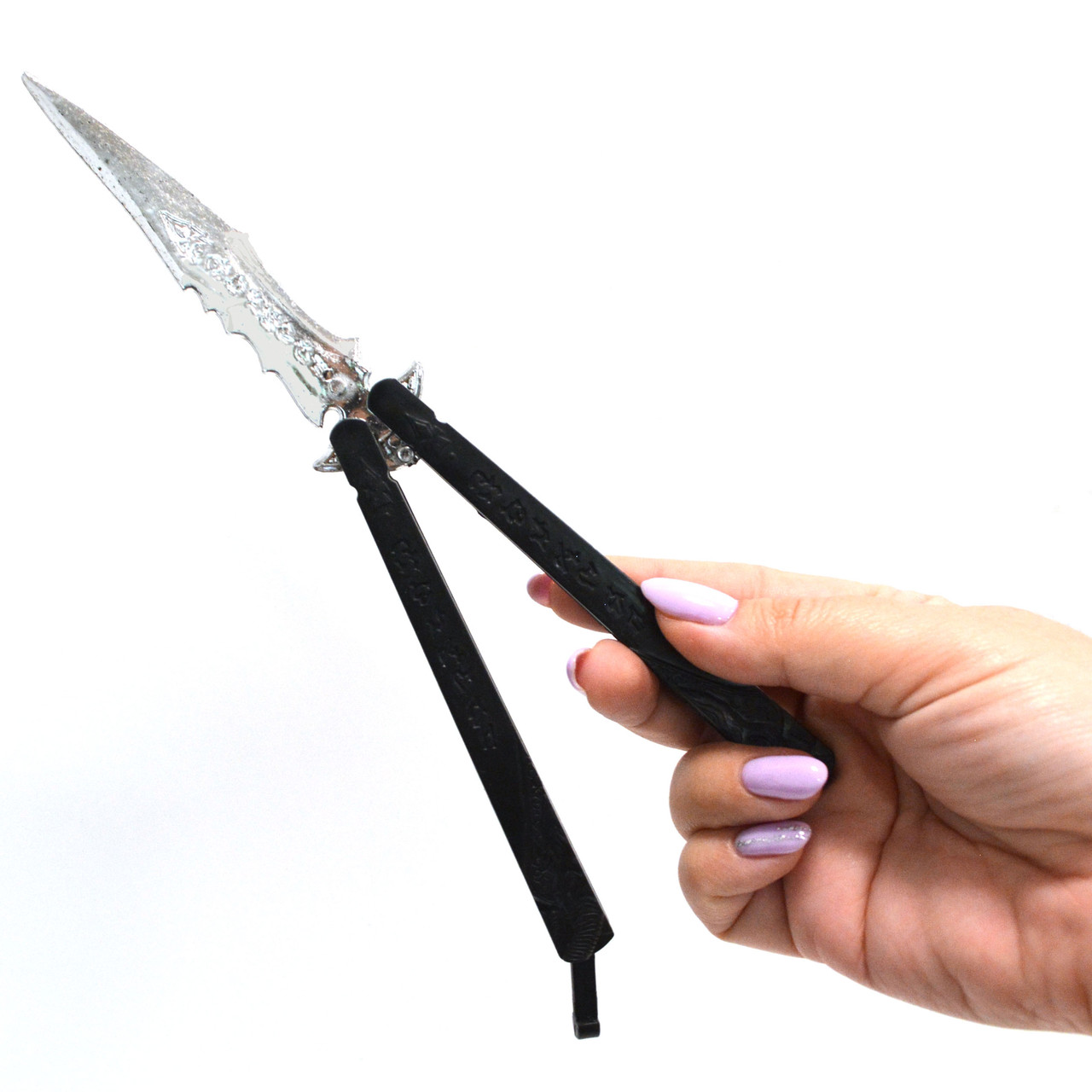 Нож бабочка обманка балисонг складной нож тренировочный пластиковый черная рукоятка - фото 8 - id-p90036008