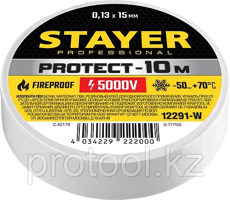 STAYER 15 мм х 10 м, не поддерживает горение, изоляционная лента пвх  Protect-10 12291-W, фото 2