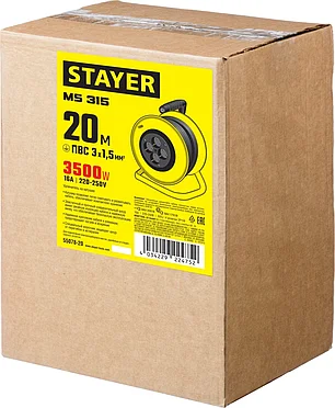 STAYER 20 м, 3500 Вт, заземление, 4 гнезда, ПВС 3x1,5 кв мм, удлинитель на катушке 55078-20, фото 2