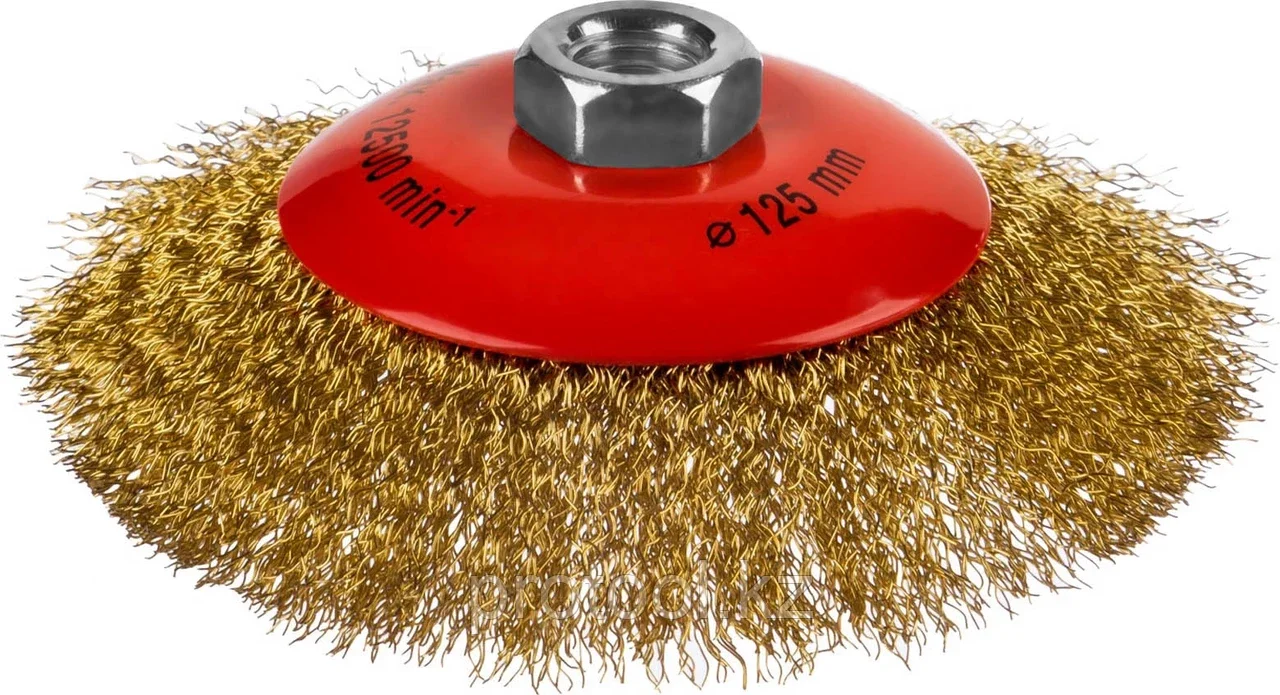 MIRAX O 125 мм, витая стальная латунированная проволока 0,3 мм, щетка коническая для УШМ 35143-125