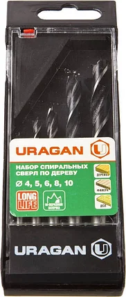 URAGAN 5 шт., O 4-5-6-8-10 мм, набор спиральных сверл по дереву 29419-H5, фото 2