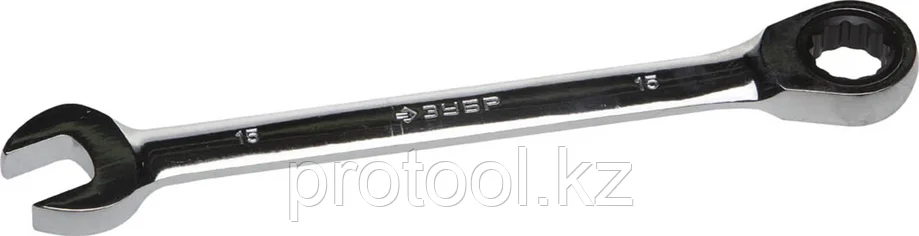 ЗУБР 15 мм, Cr-V сталь, хромированный, гаечный ключ комбинированный трещоточный 27074-15 Профессионал, фото 2