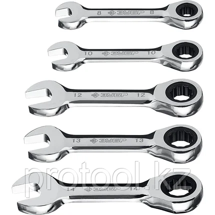 ЗУБР 5 шт, 8 - 14 мм, набор комбинированных гаечных ключей трещоточных укороченных 27103-H5, фото 2