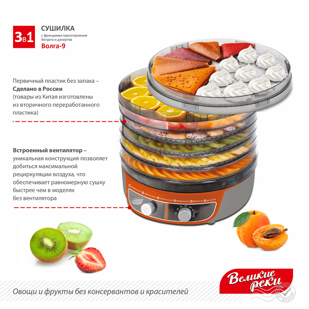 Сушилка 3в1 для овощей и фруктов Волга-9,+ йогурт и десерт + поддон для пастилы - фото 7 - id-p79516196