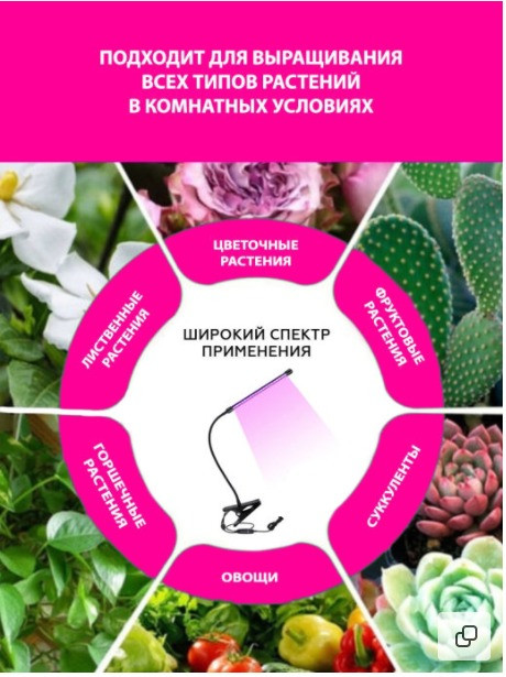 Фито-светильник для растений с регулируемым зажимом, одноламповый.