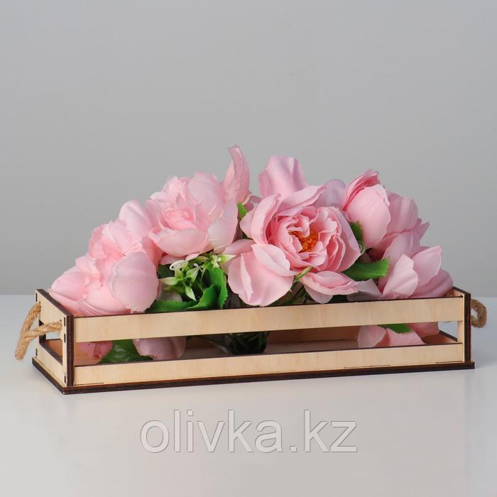 Кашпо деревянное 34.5×12.5×6.5 см, реечное, ручка верёвка, натуральный