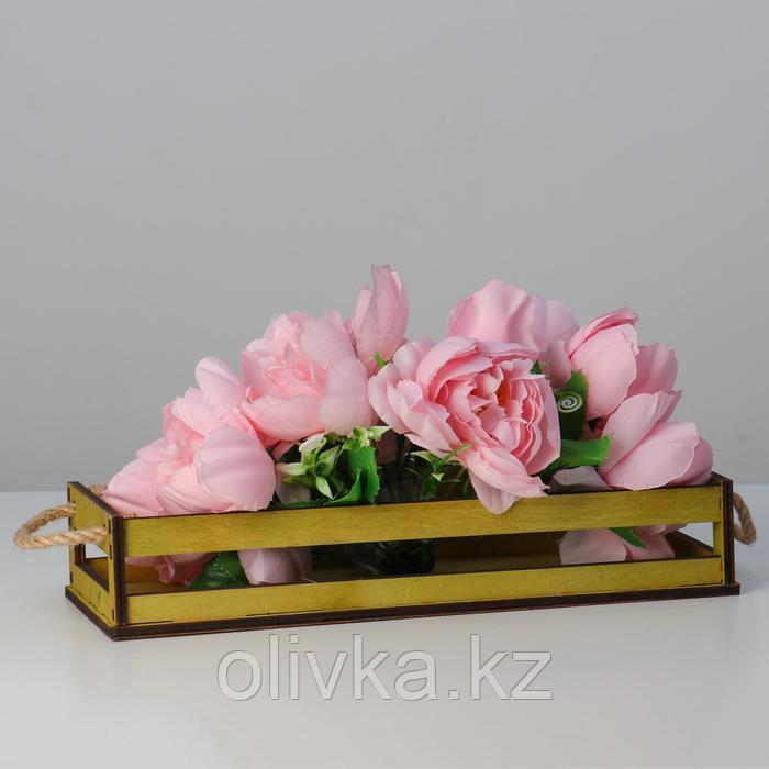 Кашпо деревянное 34.5×12.5×6.5 см, реечное, ручка верёвка, зелёный