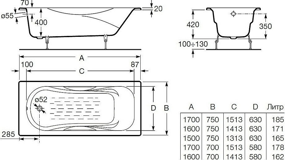 Ванна чугунная Roca MALIBU 150*75 (В комплекте с ножками и ручками)(72315G000R + 7150412330) - фото 2 - id-p90491158