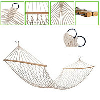 Гамак подвесной веревочный плетеный складной с деревянными планками 200х80 см бежевый