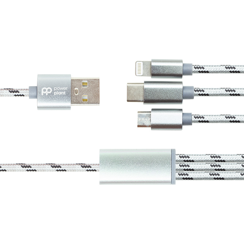 Кабель PowerPlant 2.1A 3-в-1 USB AM - Type-C/Lightning/Micro, 1.2м, серый - фото 1 - id-p71971459