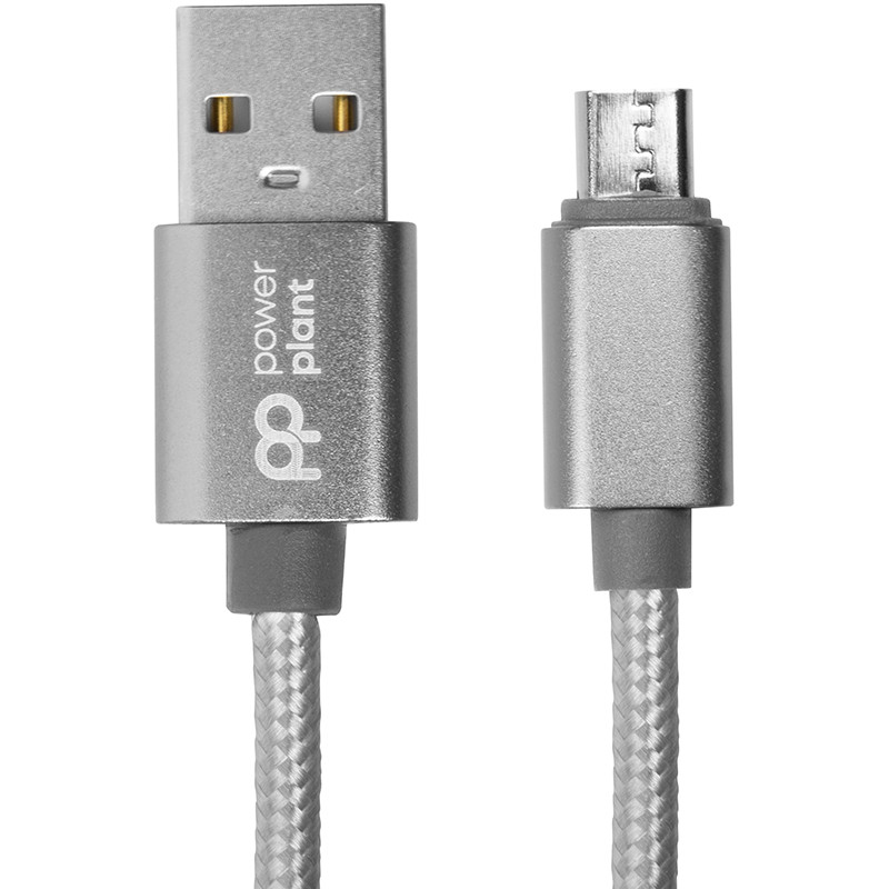 Кабель PowerPlant USB - microUSB, 1м, нейлон, металлический штекер, серый