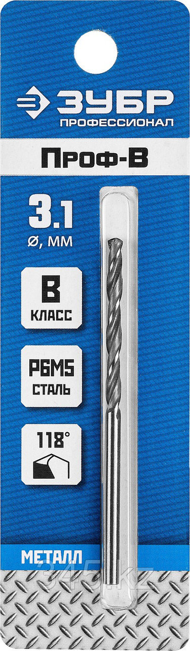 Сверло по металлу, сталь Р6М5, класс В, ЗУБР ПРОФ-В 3.1х65мм