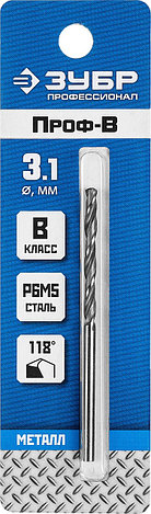 Сверло по металлу, сталь Р6М5, класс В, ЗУБР ПРОФ-В 3.1х65мм, фото 2