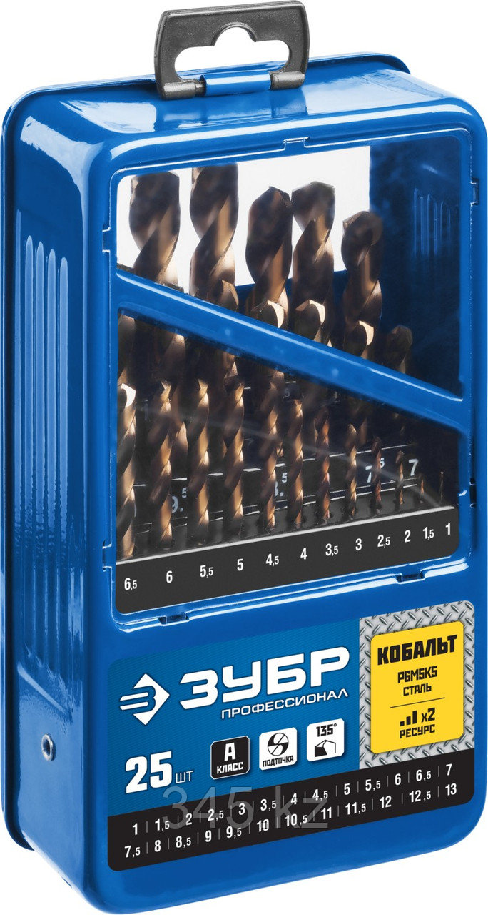 Набор сверл по металлу, сталь Р6М5К5, класс А, мет.бокс, ЗУБР КОБАЛЬТ 25шт(1-13мм)