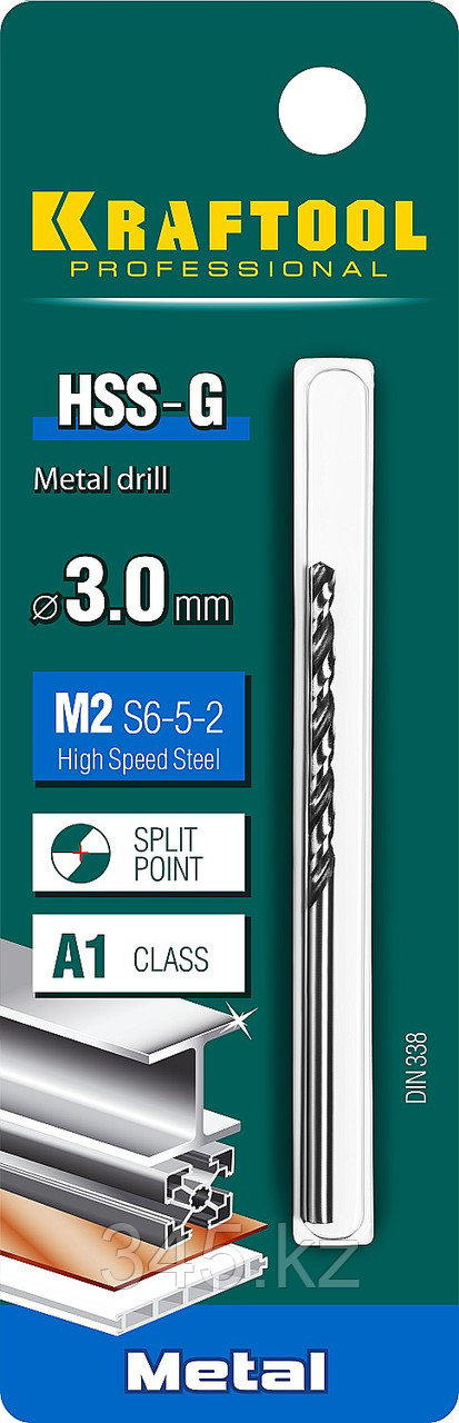 Сверло по металлу HSS-G, сталь М2(S6-5-2), KRAFTOOL HSS-G 3.0 х61мм