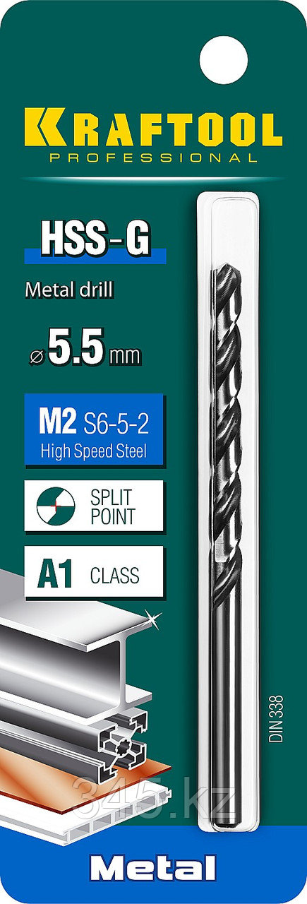 Сверло по металлу HSS-G, сталь М2(S6-5-2), KRAFTOOL HSS-G 5.5 х93мм