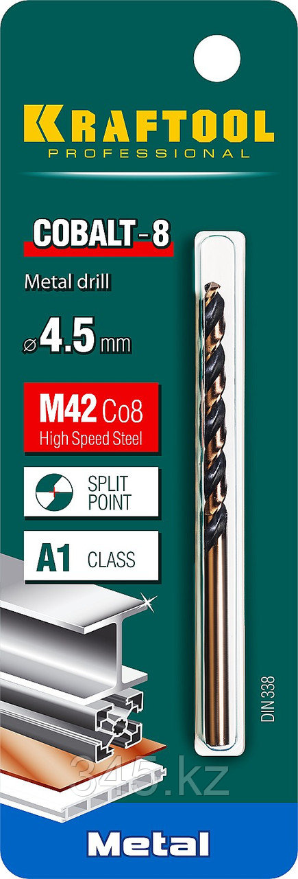 Сверло по металлу HSS-Co(8%) , сталь М42(S2-10-1-8), KRAFTOOL COBALT 4.5 х80мм - фото 1 - id-p90827376