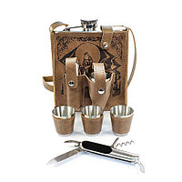 Мужской набор Волк на фоне луны (Фляга 532 мл, 3 рюмки, мультитул) нержавеющая сталь в кожаном чехле