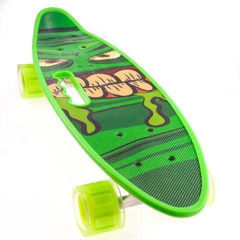 Скейт Penny Board {Пенни Борд} с подсветкой колёс на алюминиевой платформе (Зеленый / С принтом) - фото 1 - id-p91055355