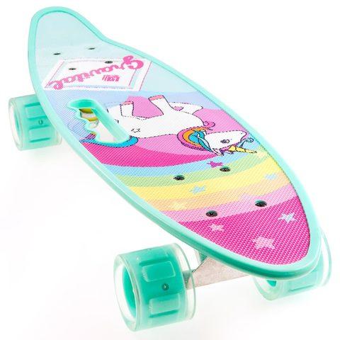 Скейт Penny Board {Пенни Борд} с подсветкой колёс на алюминиевой платформе (Бирюзовый / С принтом)