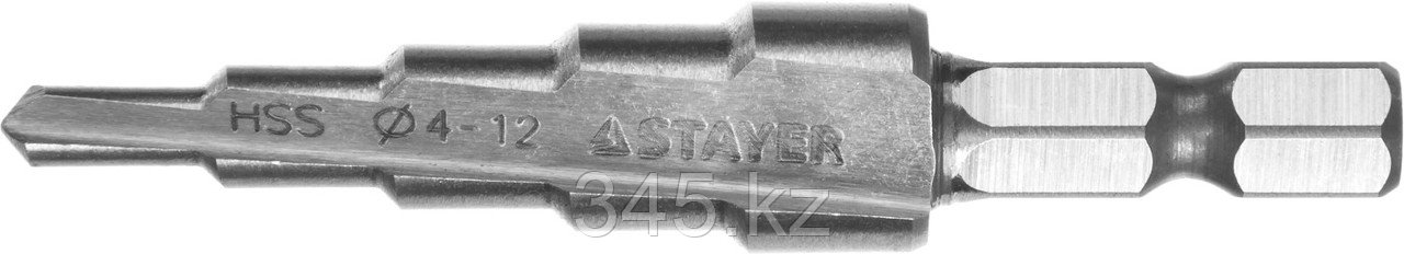 Сверло STAYER ступенчатое по сталям и цвет.мет., сталь HSS, d=4-12мм,5ступ.d 4-6-8-10-12,L-65мм - фото 2 - id-p38574032