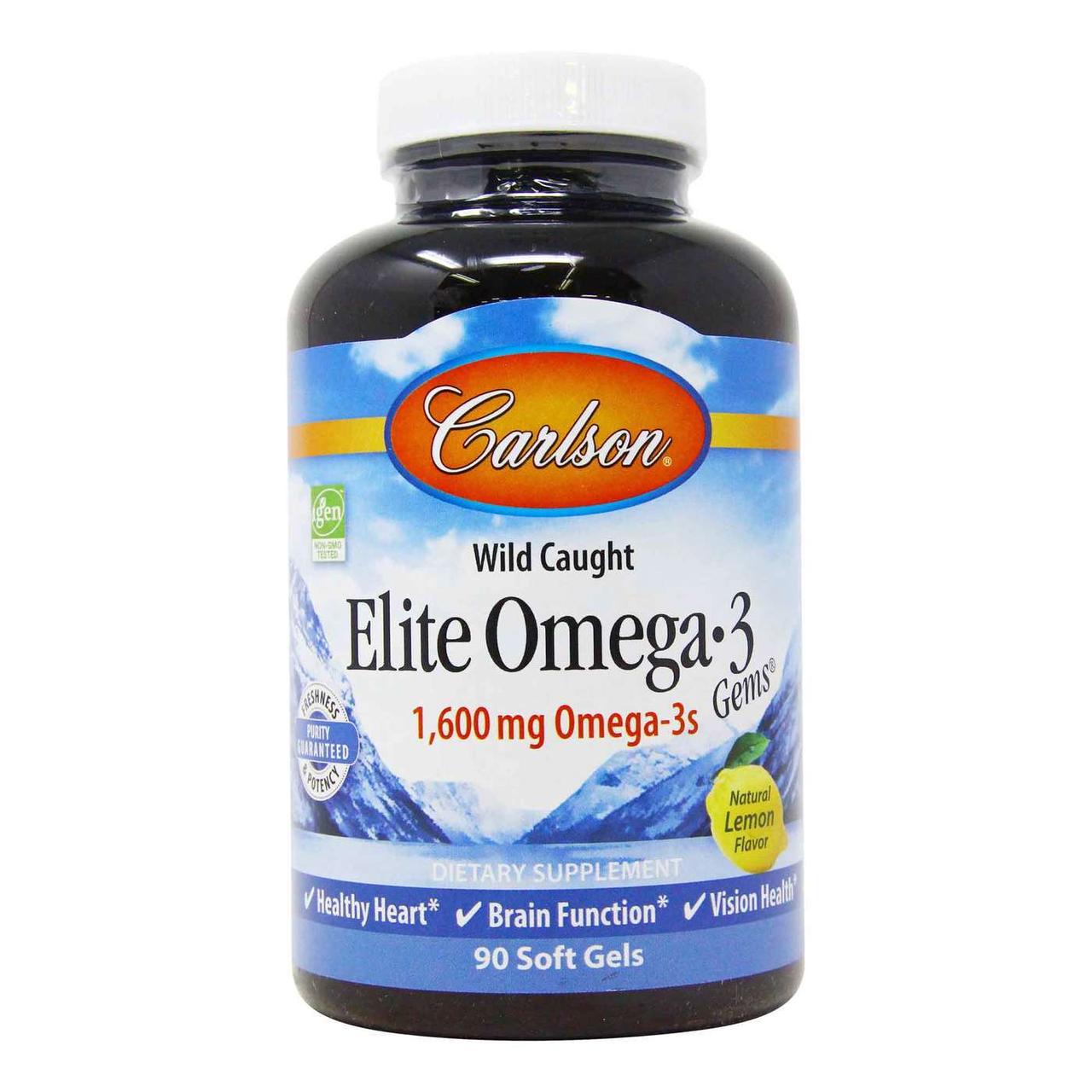 Омега 3, Elite Omega, Carlson Labs, 90 капсул, 1600 мг с лимонным вкусом.