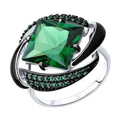 Кольцо из серебра с эмалью с зелёным ситаллом и зелеными фианитами SOKOLOV 92011302 покрыто  родием