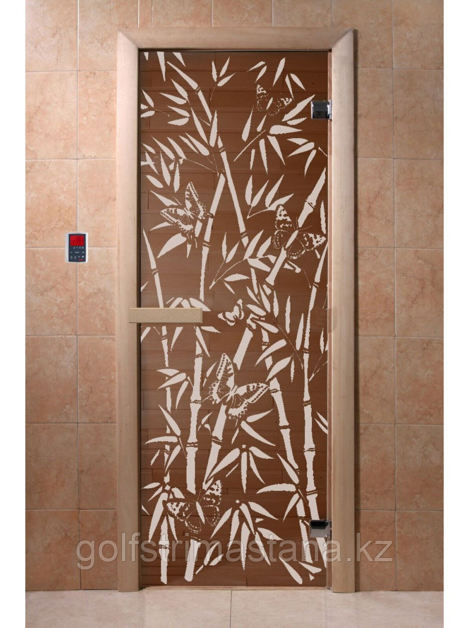 Дверь для бани "Бамбук и бабочки" бронза 1900*700, 6мм, 2 петли