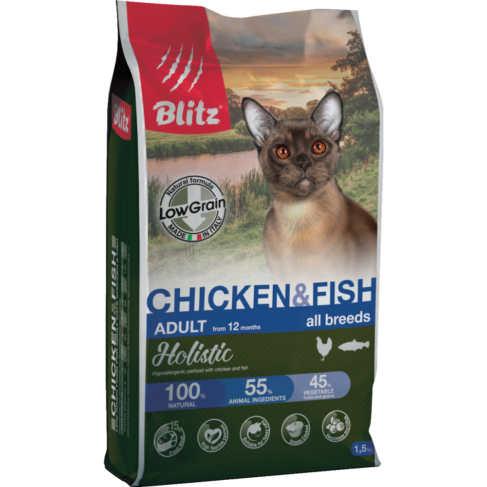 Blitz Holistic Chicken&Fish Cat,низкозерновой корм для взрослых кошек с курицей и рыбой,уп.1,5 кг.