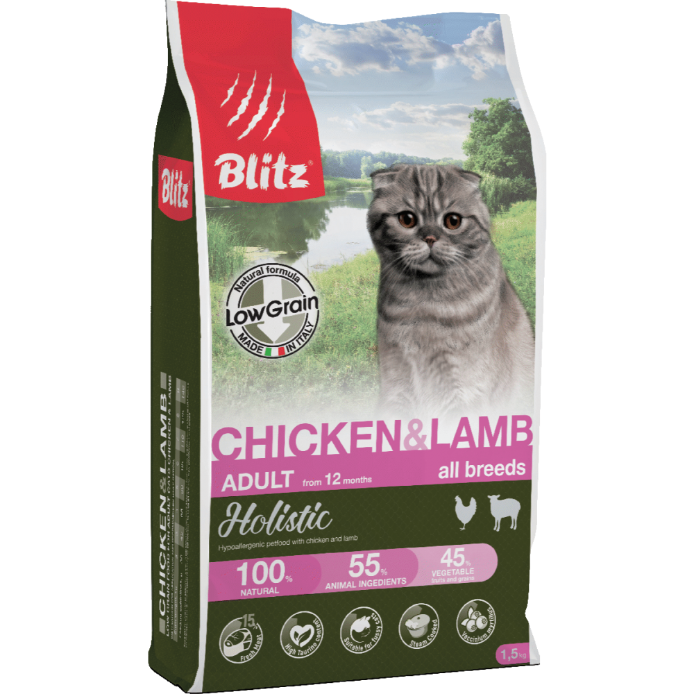 Blitz Holistic Chicken&Lamb Cat,низкозерновой корм для взрослых кошек с курицей и ягненком,уп.1,5 кг.