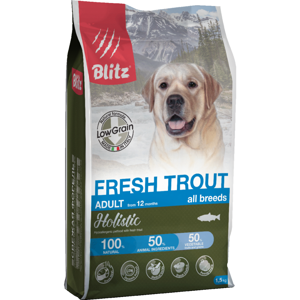 Blitz Holistic Fresh Trout Adult Dog All Breeds,низкозерновой корм для взрослых собак с форелью,уп.500 гр.