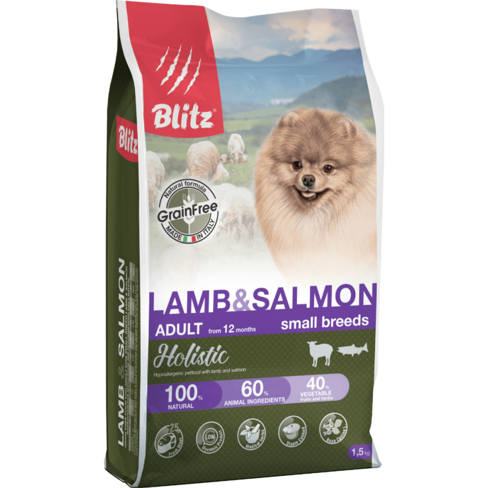 BLITZ ADULT LAMB & SALMON, беззерновой корм для взр. собак Ягненок & Лосось, 0,5 кг